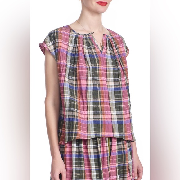 Corey Lynn Calter Tops - Corey Lynn Calter Maggie Pleat Neck Plaid Top Womens Size M